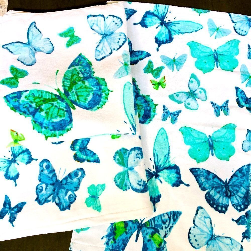 Butterfly Teal Blue Green Print 3-pc Bath Towels Set